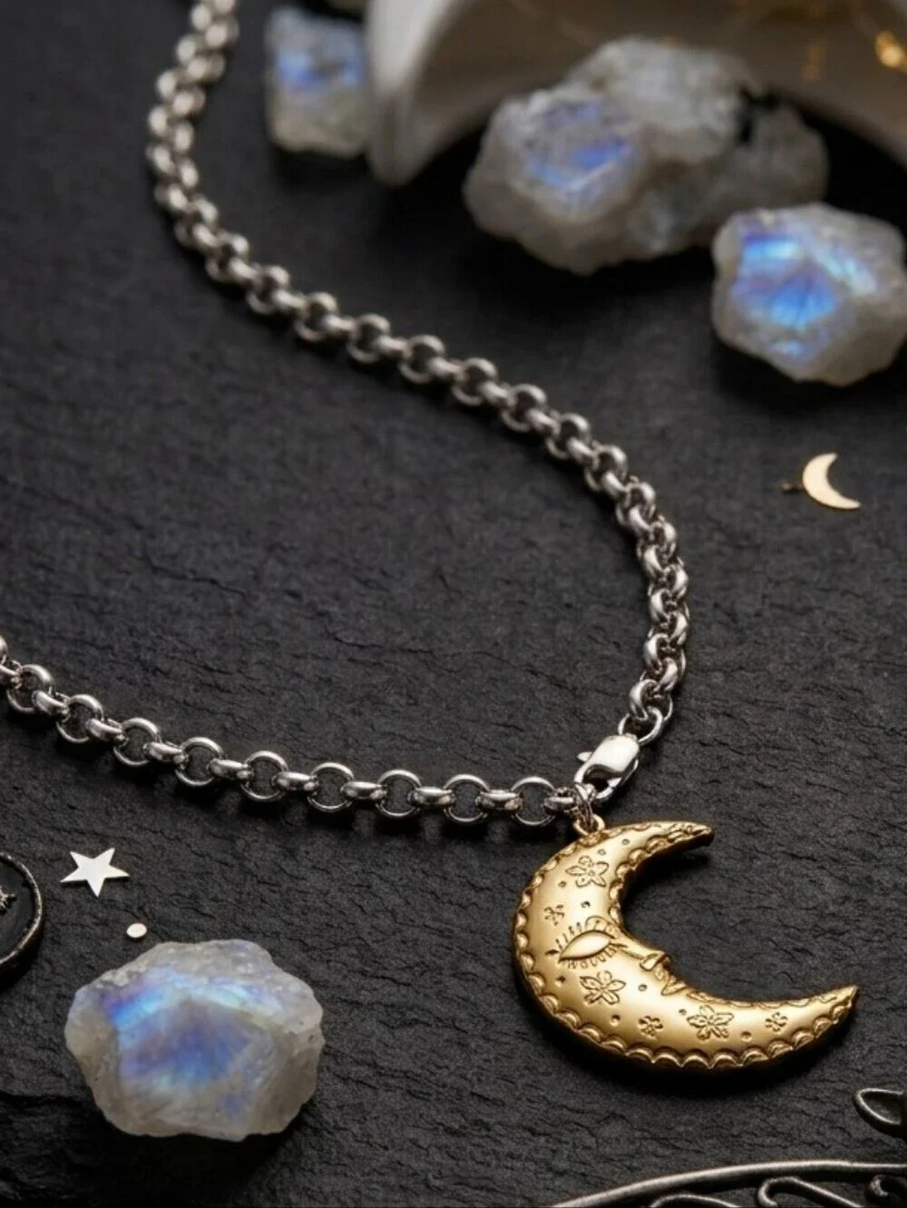Crescent Moon Pendant Necklace 18K Gold Silver SS Two-Tone Celestial Witchy 18